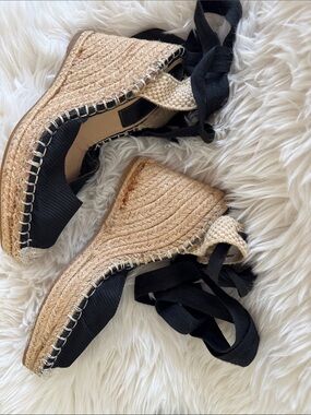 Zara Natural Jute Espadrille Wedges with Black Ankle Ties